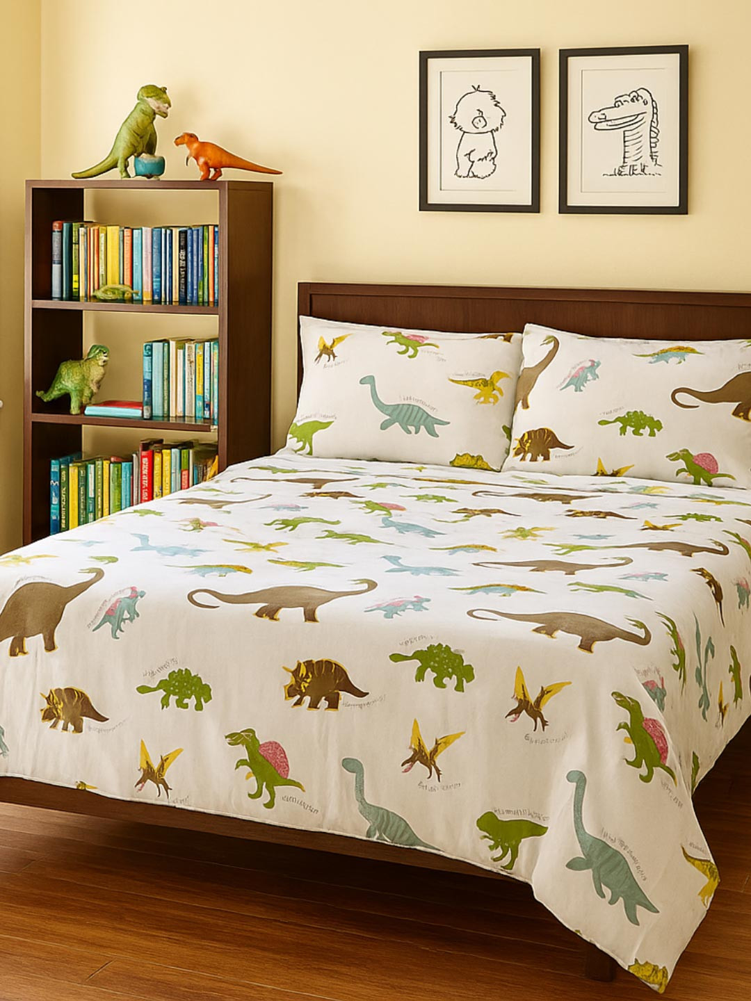 Famyo Dino Park 250 TC King Bedsheet set with fitted bedsheet & 2 pillow covers