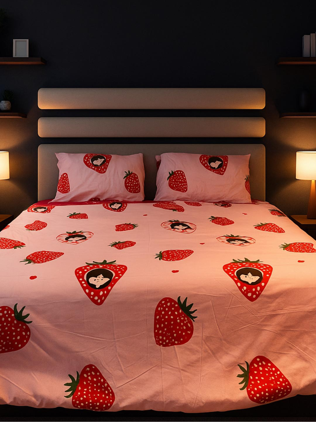 Famyo Strawberry 250 TC King Bedsheet set with fitted bedsheet & 2 pillow covers