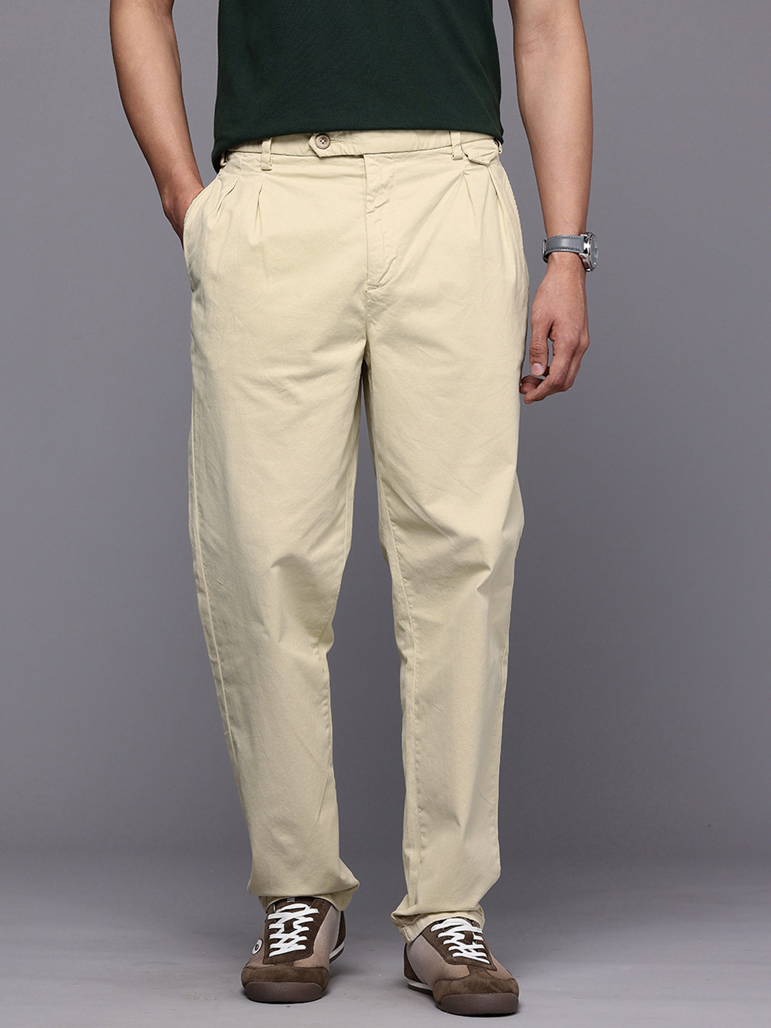 Louis Philippe Jeans Men Baggy Crop Pleated Trousers