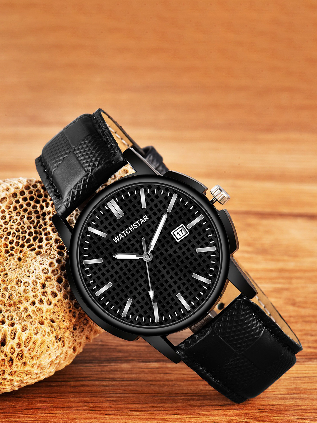 WATCHSTAR Men Genuine Leather Strap Date Function Analogue Watch Full Black Leather Men