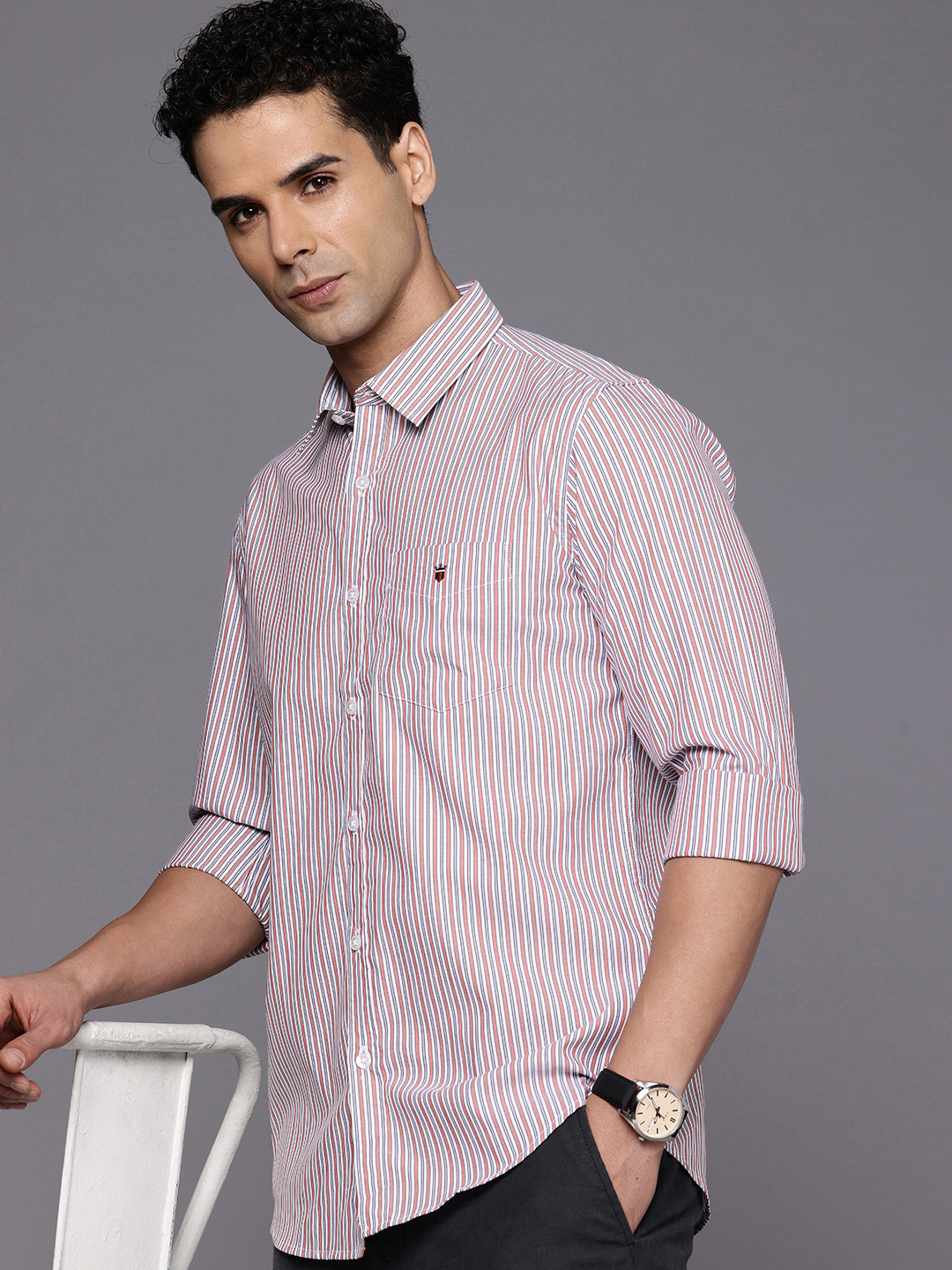 Louis Philippe Sport Super Slim Fit Vertical Stripes Pure Cotton Casual Shirt