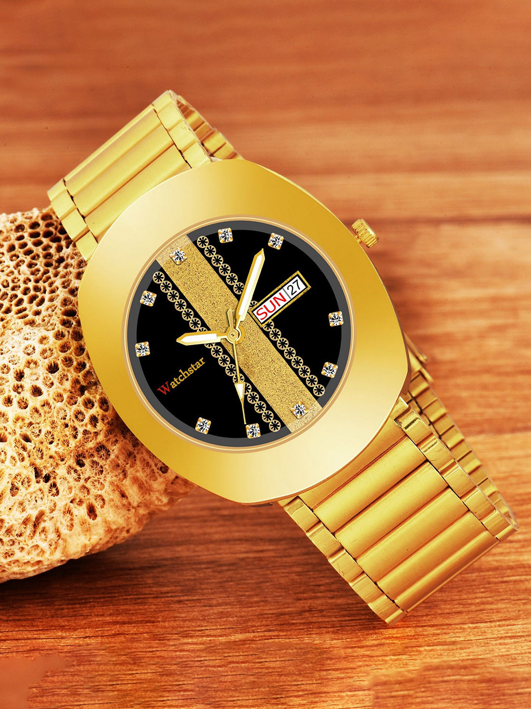 WATCHSTAR Men Patterned Dial & Stainless Steel Straps Analogue Watch RRR Gold BlackG