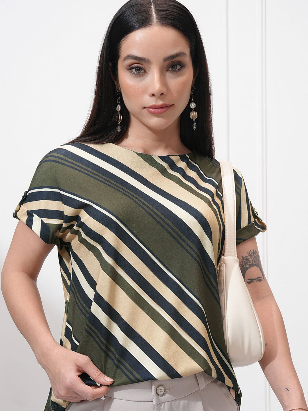 Tokyo Talkies Women Striped Round Neck Extended Shoulder Top