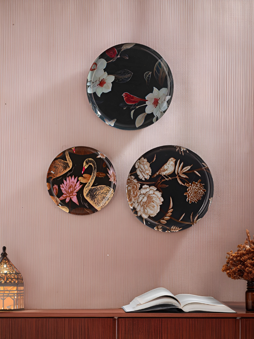 Homspurts Oriental Charm Wall Plate Metal Floral Glossy Hanging Hall 3Pcs Wall Plates-10In