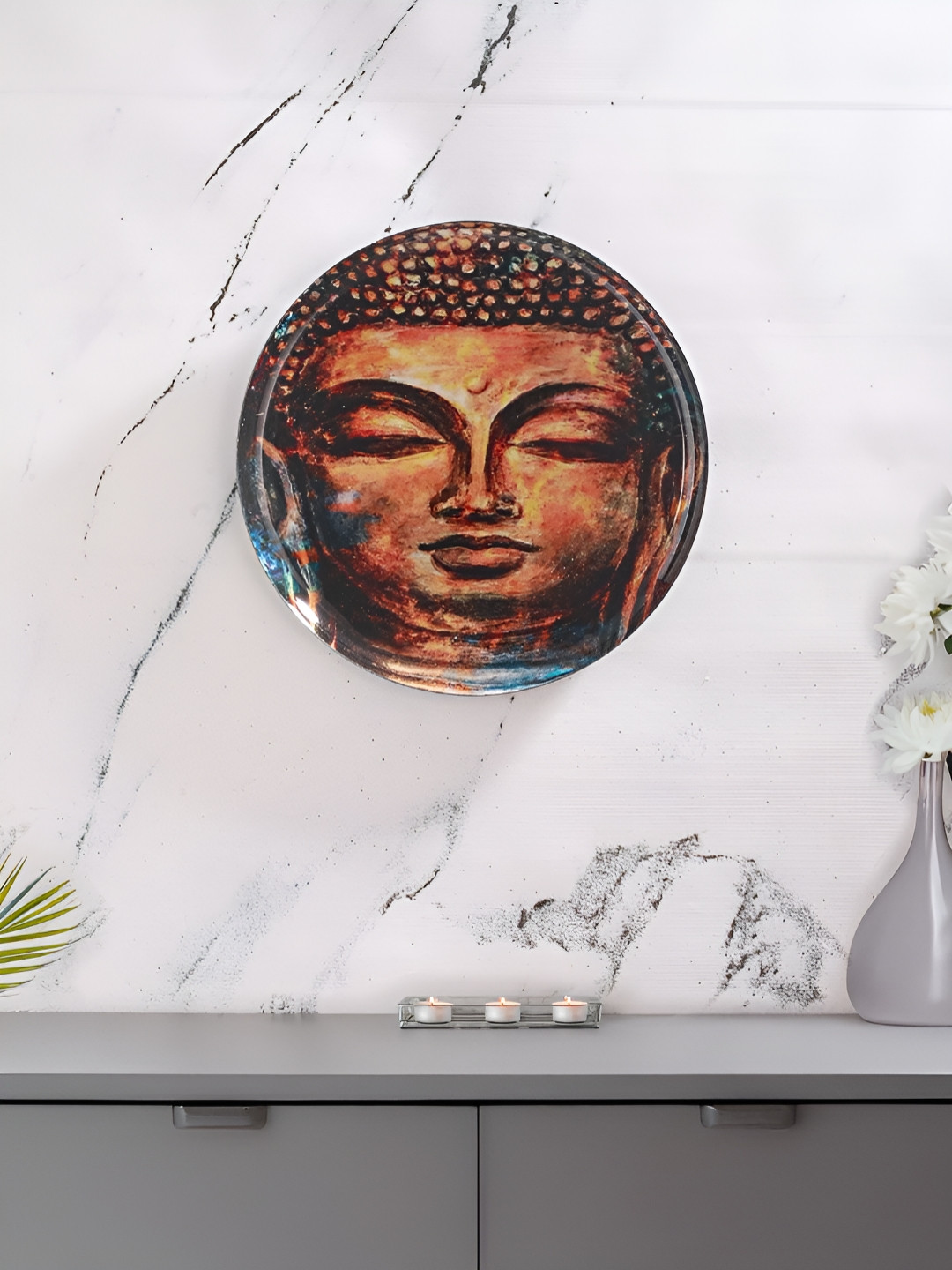 Homspurts Tranquil Lotus Buddha Metal Ethnic Motifs Glossy Hanging Hall Wall Plates-12In