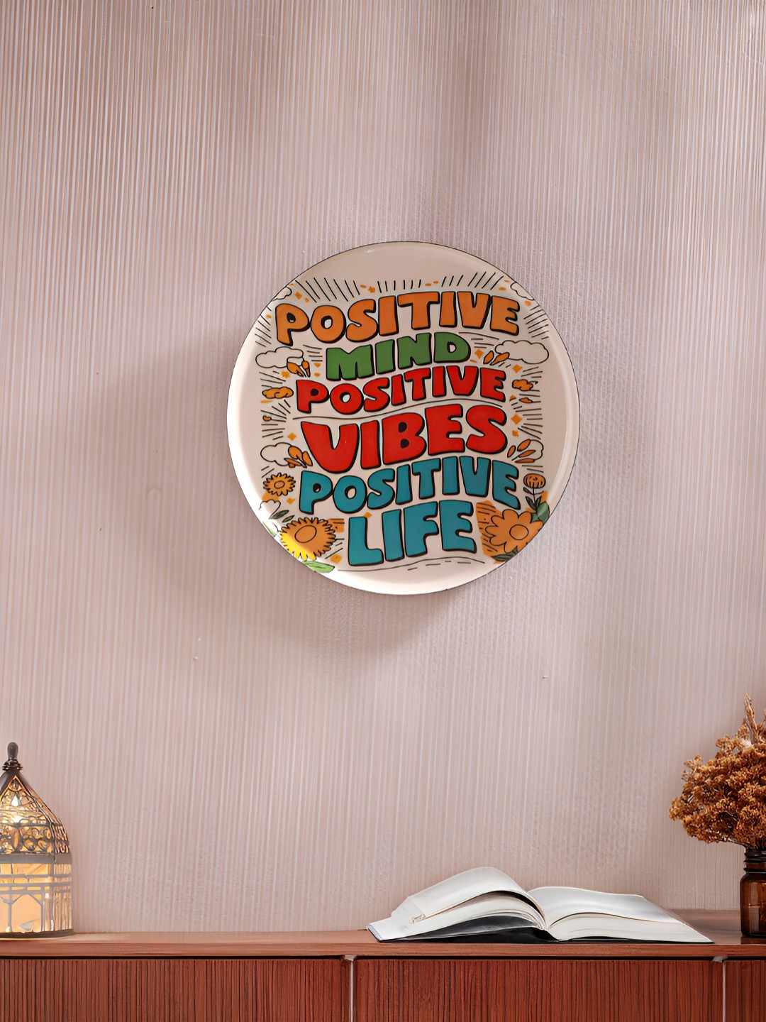 Homspurts Positive Vibes Metal Crafted Ceramics Matte Hanging Hall Wall Plates-10In