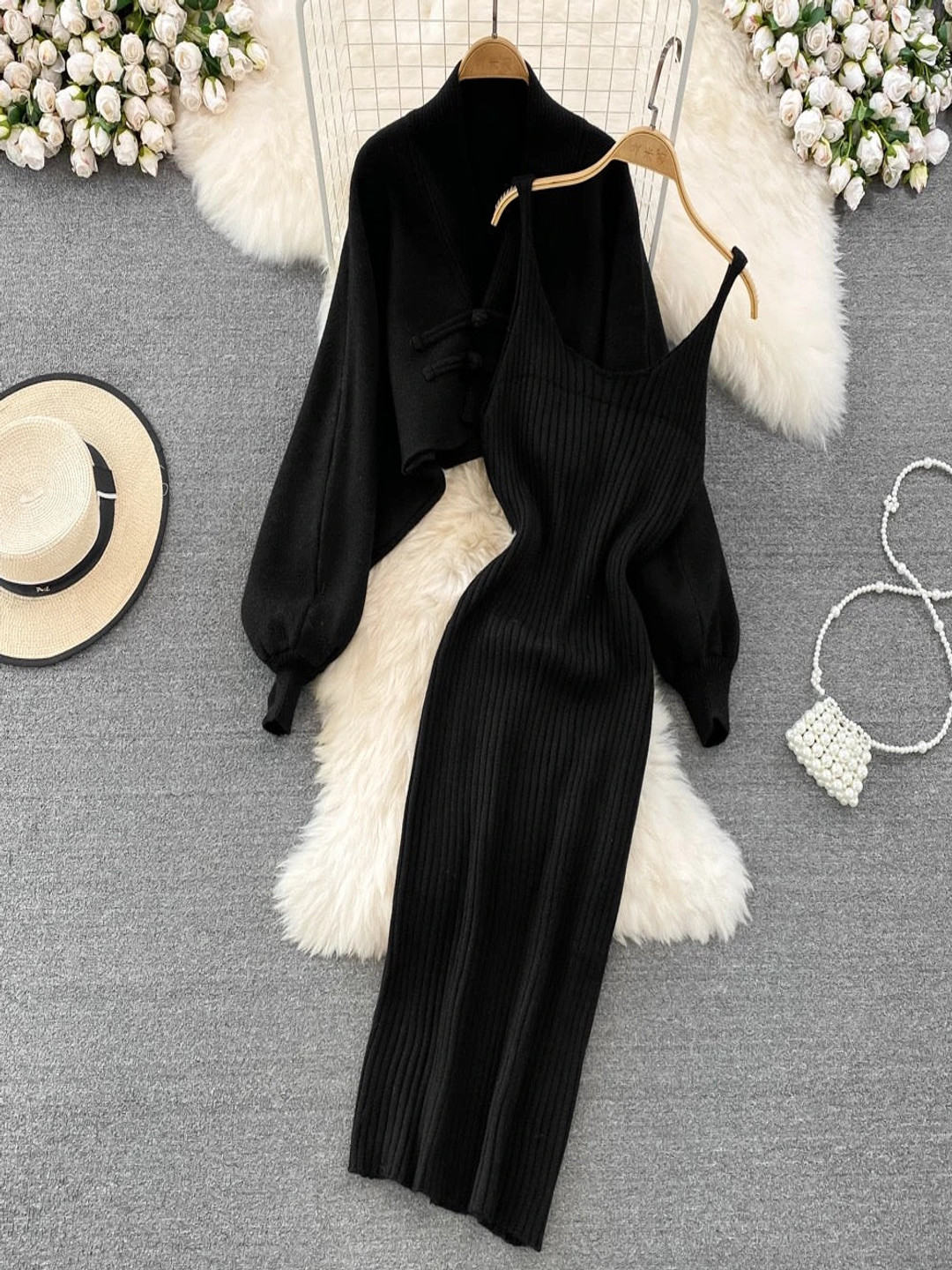 Miss Mosa By Akanksha  Women Black Dalla Woolen Dress With Cape Sweater