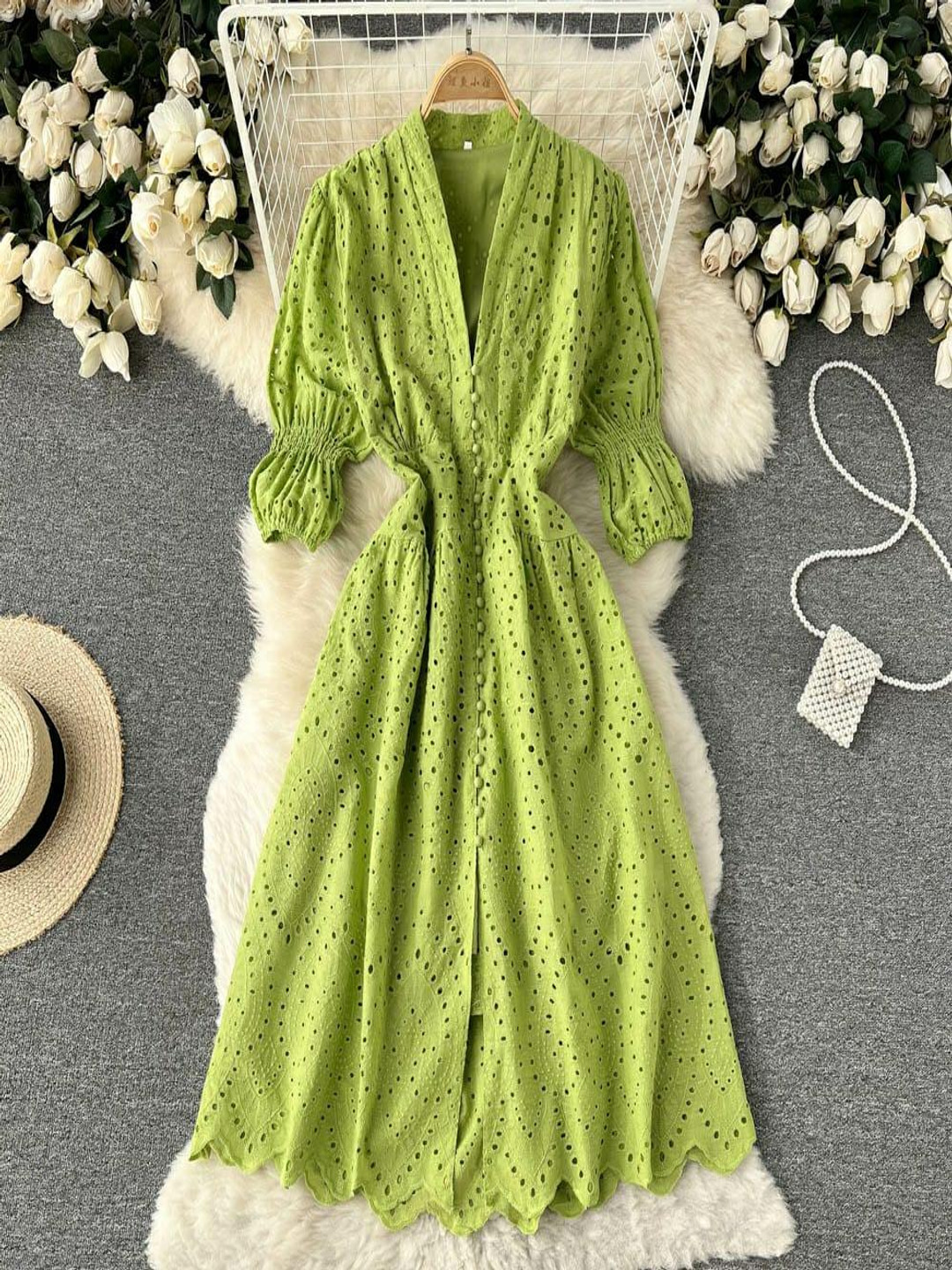 Miss Mosa By Akanksha  Women Green Luna Summer Cotton Eyelet Dress