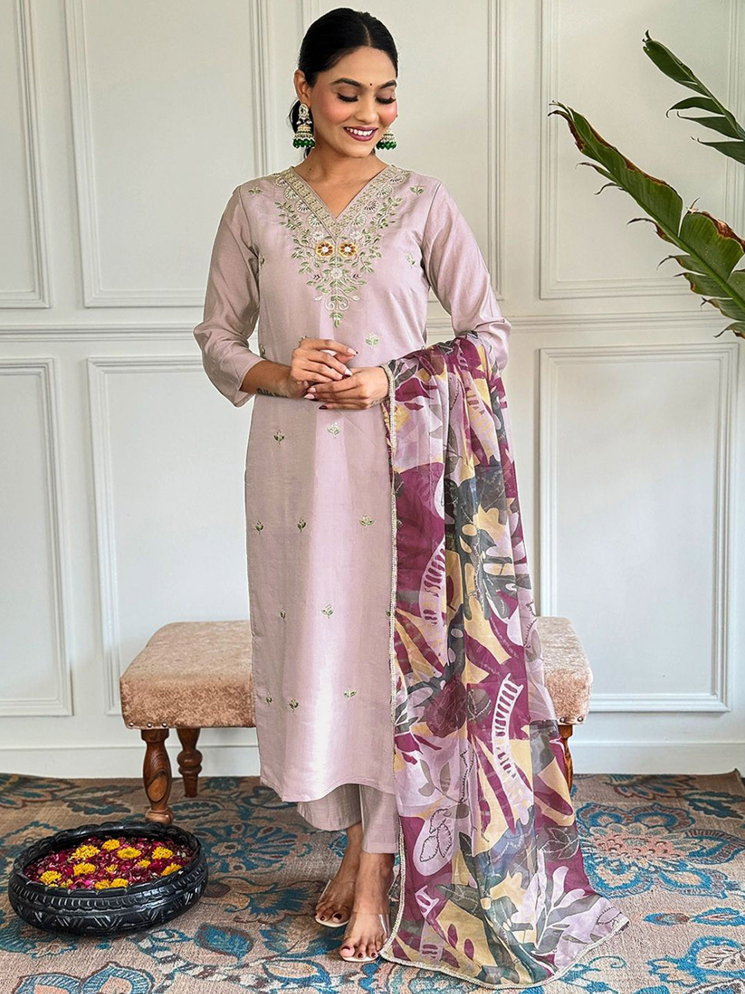 SHOPONBIT Floral Embroidered Thread Work Chanderi Cotton Kurta With Trousers And Dupatta