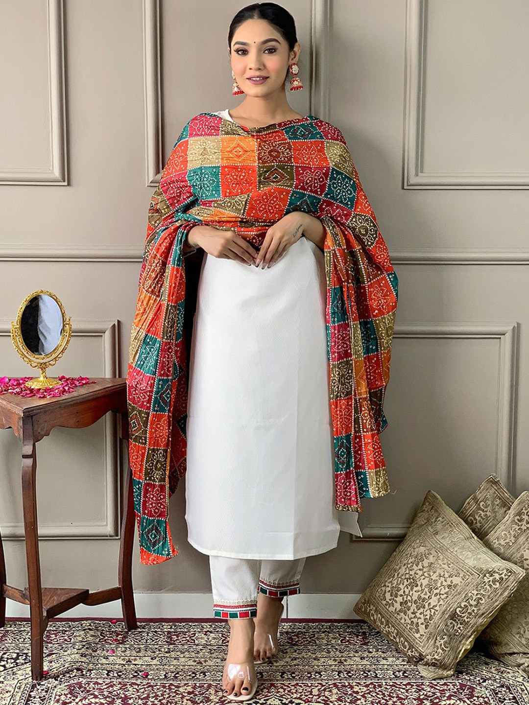 SHOPONBIT Embroidered Yoke Design Chanderi Cotton Kurta With Trousers & Dupatta