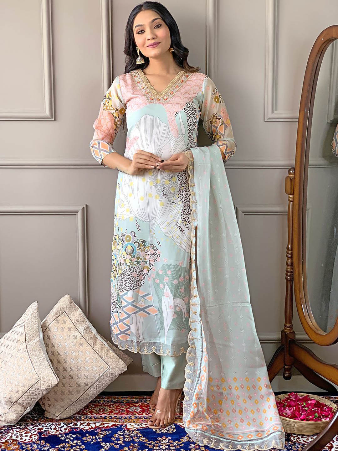 SHOPONBIT Floral Printed V-Neck Organza Kurta With Trousers & Dupatta