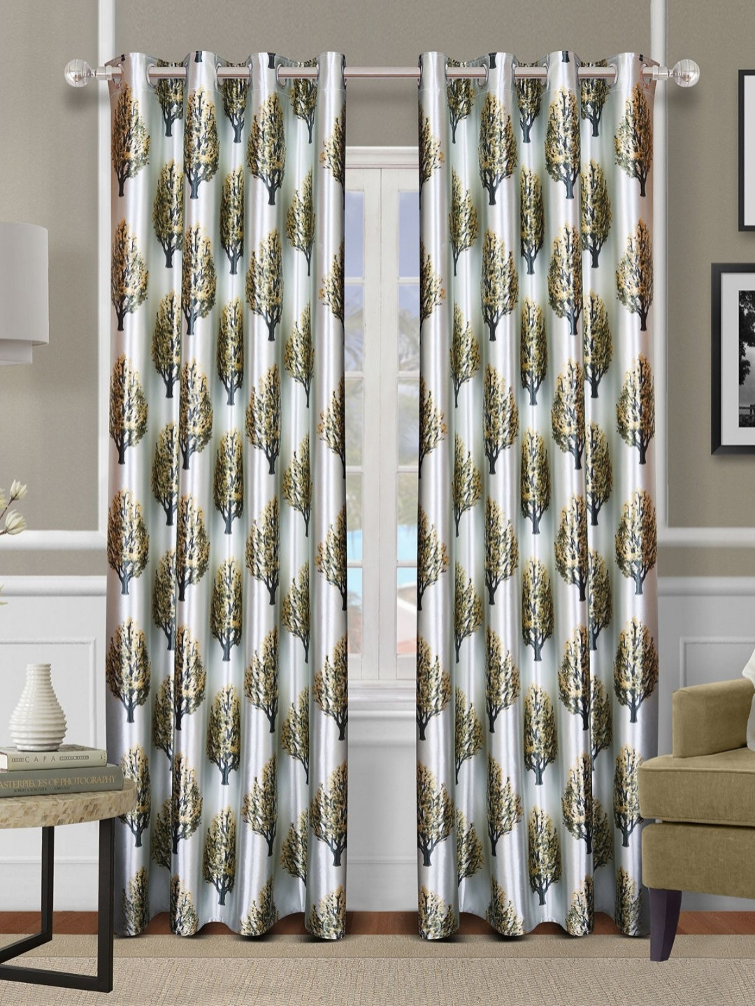 Aura Green & Yellow 2 Pieces Tree Printed Room Darkening Door Curtains