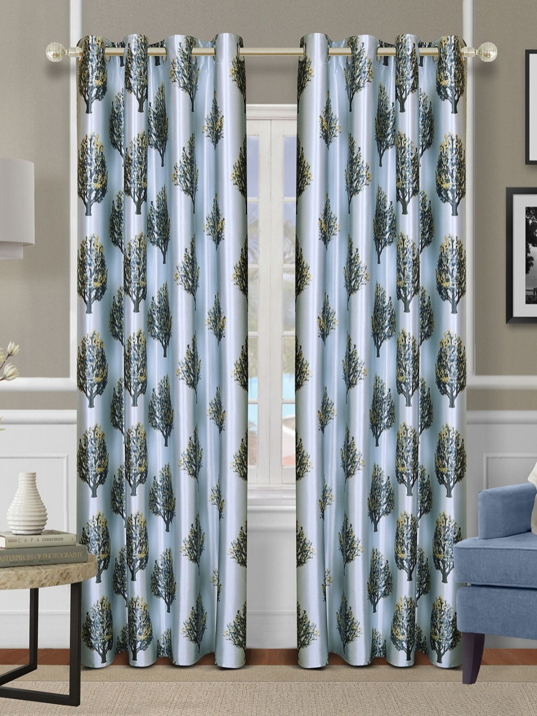 Aura Blue & Black 2 Pieces Tree Printed Room Darkening Door Curtains