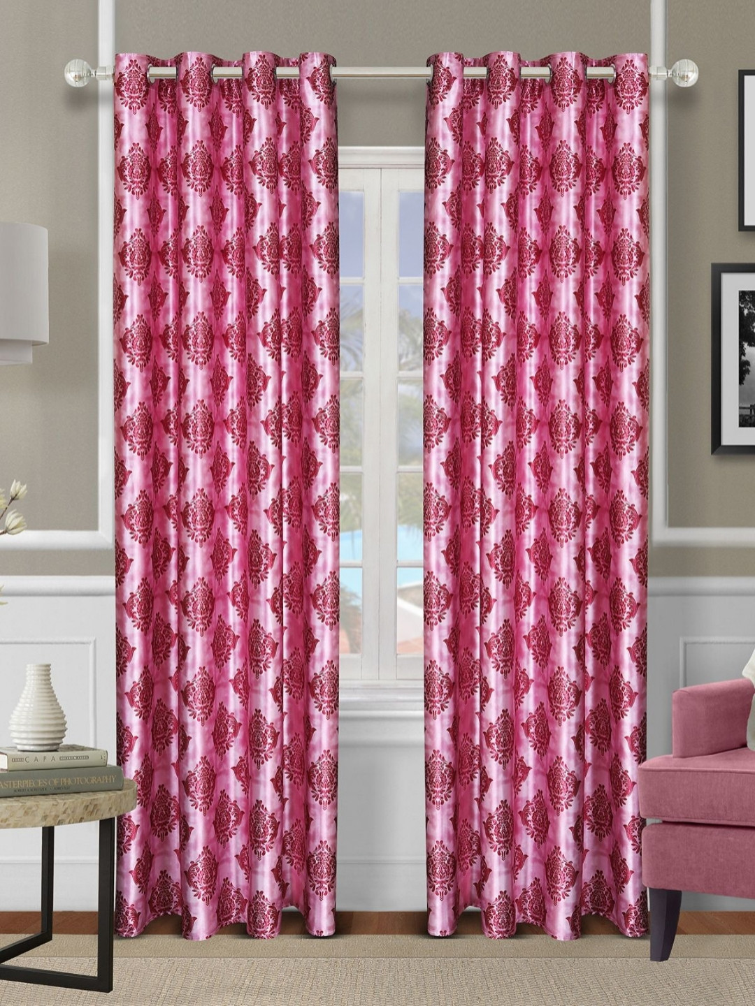 Aura Pink  and White 2 Pieces Geometric Printed Room Darkening Door Curtains