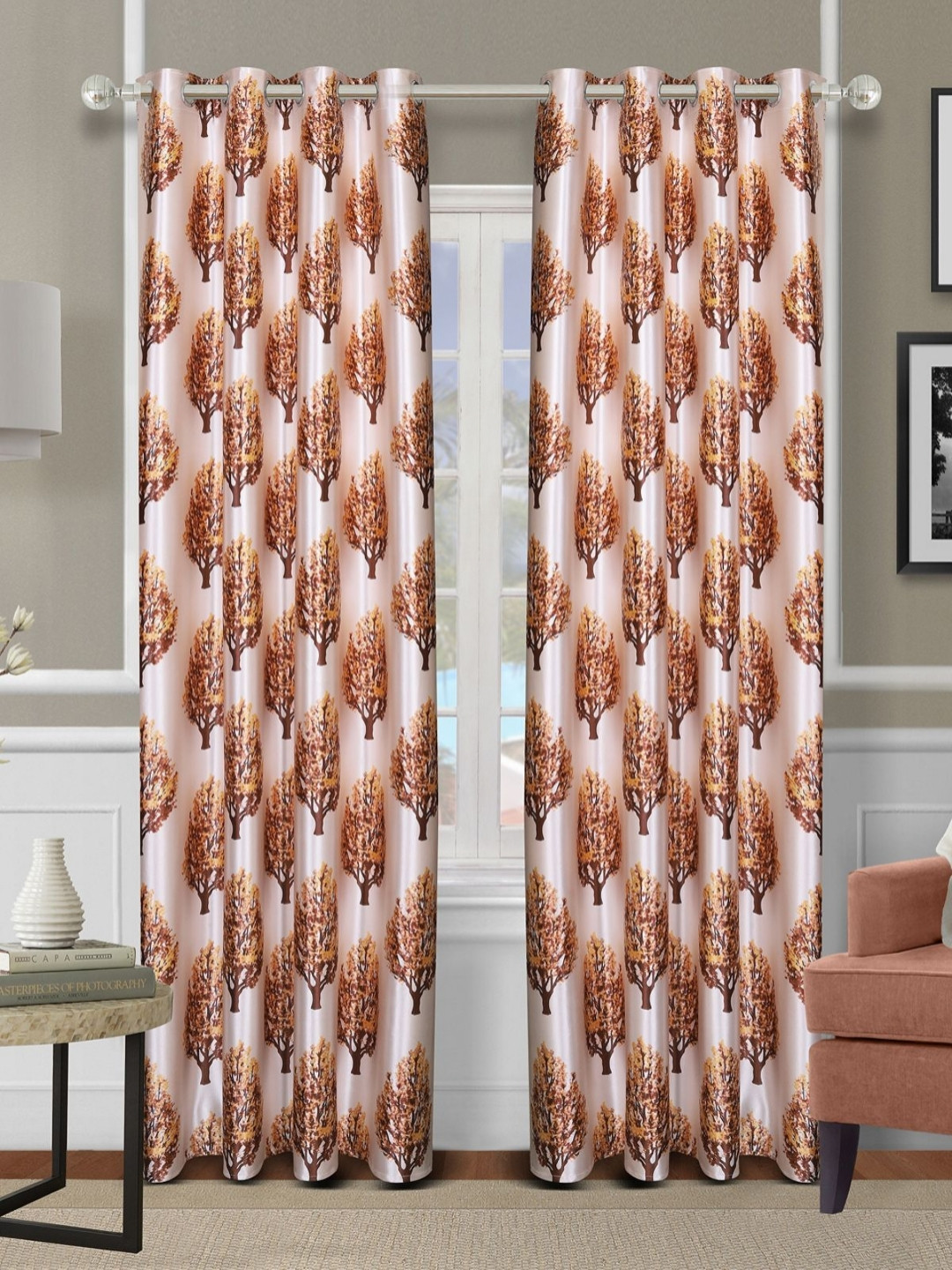 Aura Pink & Brown 2 Pieces Floral Printed Room Darkening Door Curtains