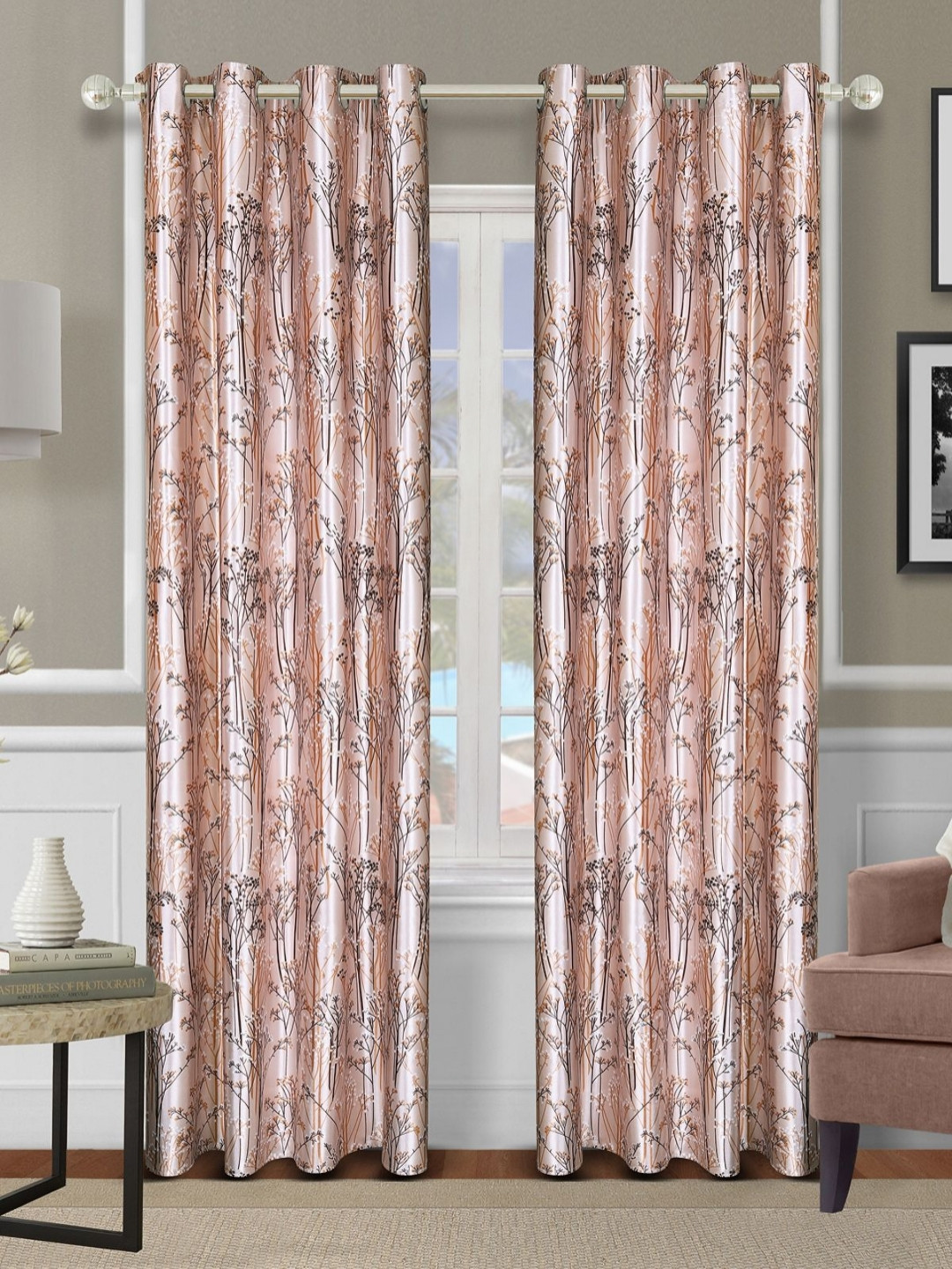 Aura Pink & Brown 2 Pieces Leafy Printed Room Darkening Door Curtains
