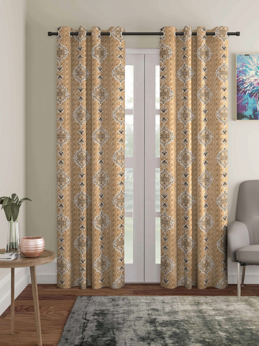 Aura Gold-Toned & White 2 Pieces Ethnic Motifs Room Darkening Door Jacquard Curtains