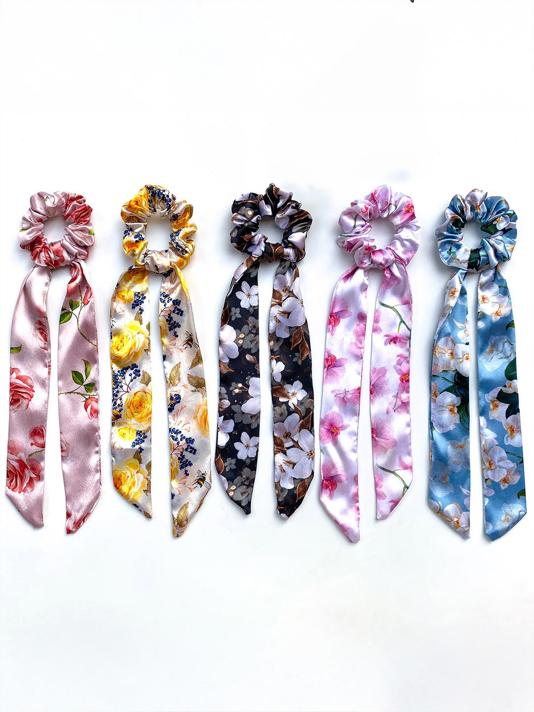 Silvr Bear Women Set of 5 Floral Satin Scrunchies with Ribbon Scarves