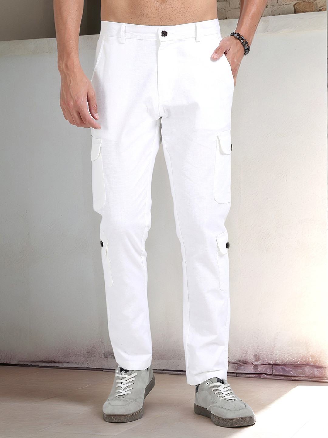 NEVER NEUD Men Relaxed Lazy Linen Utility Cargo Trousers