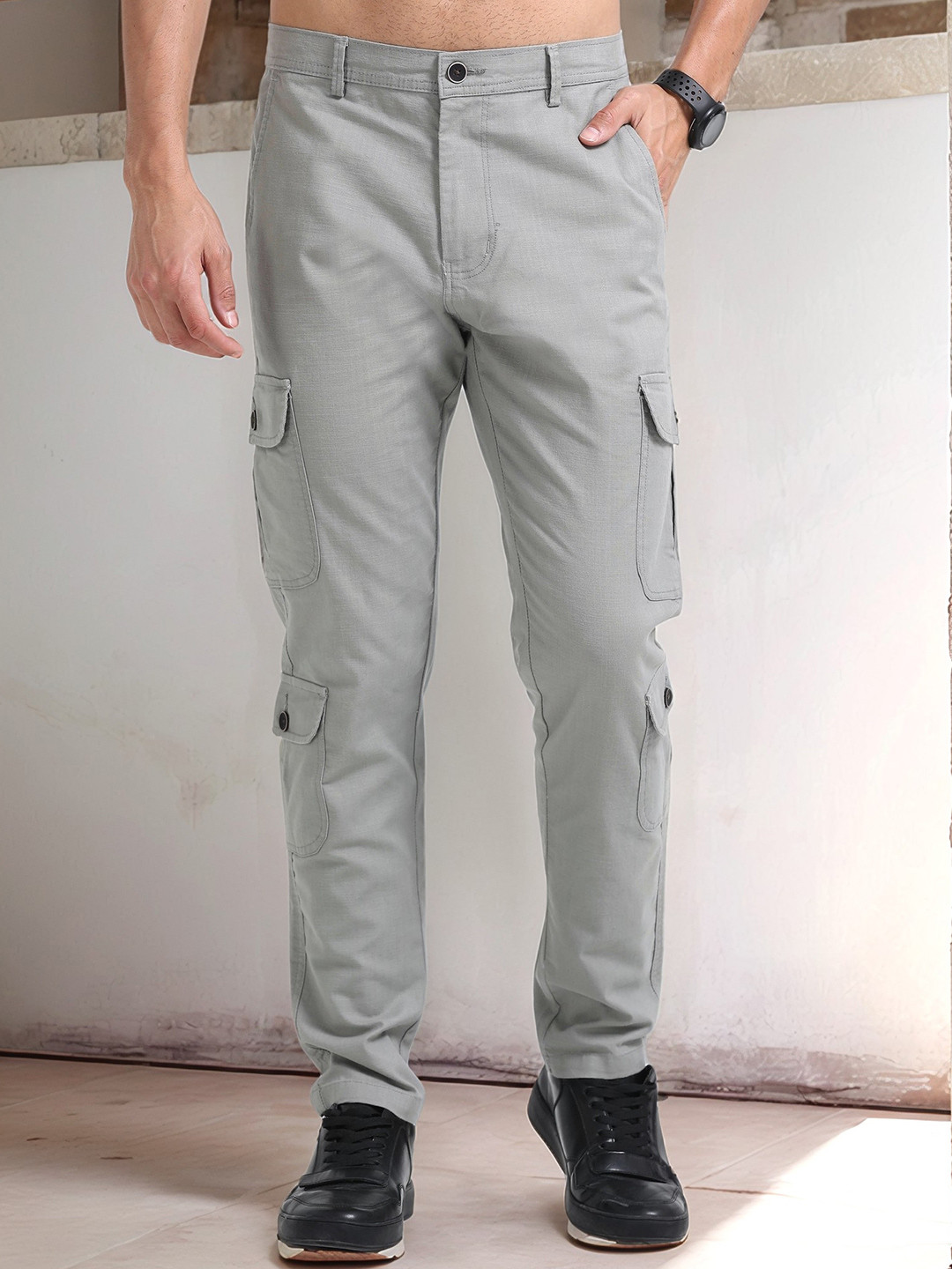 NEVER NEUD Men Lazy Linen Utility Relaxed Regular Fit Cotton Cargos Trouser