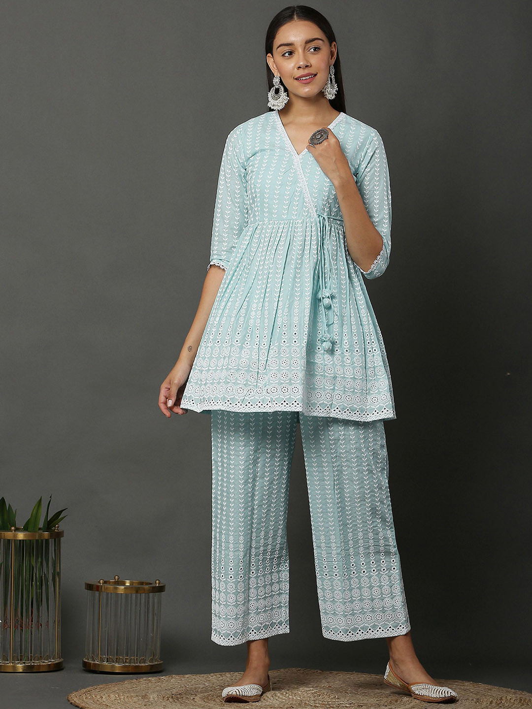 SEW Women Floral Embroidered Chikankari Angarakha Pure Cotton A-Line Kurta & Trousers
