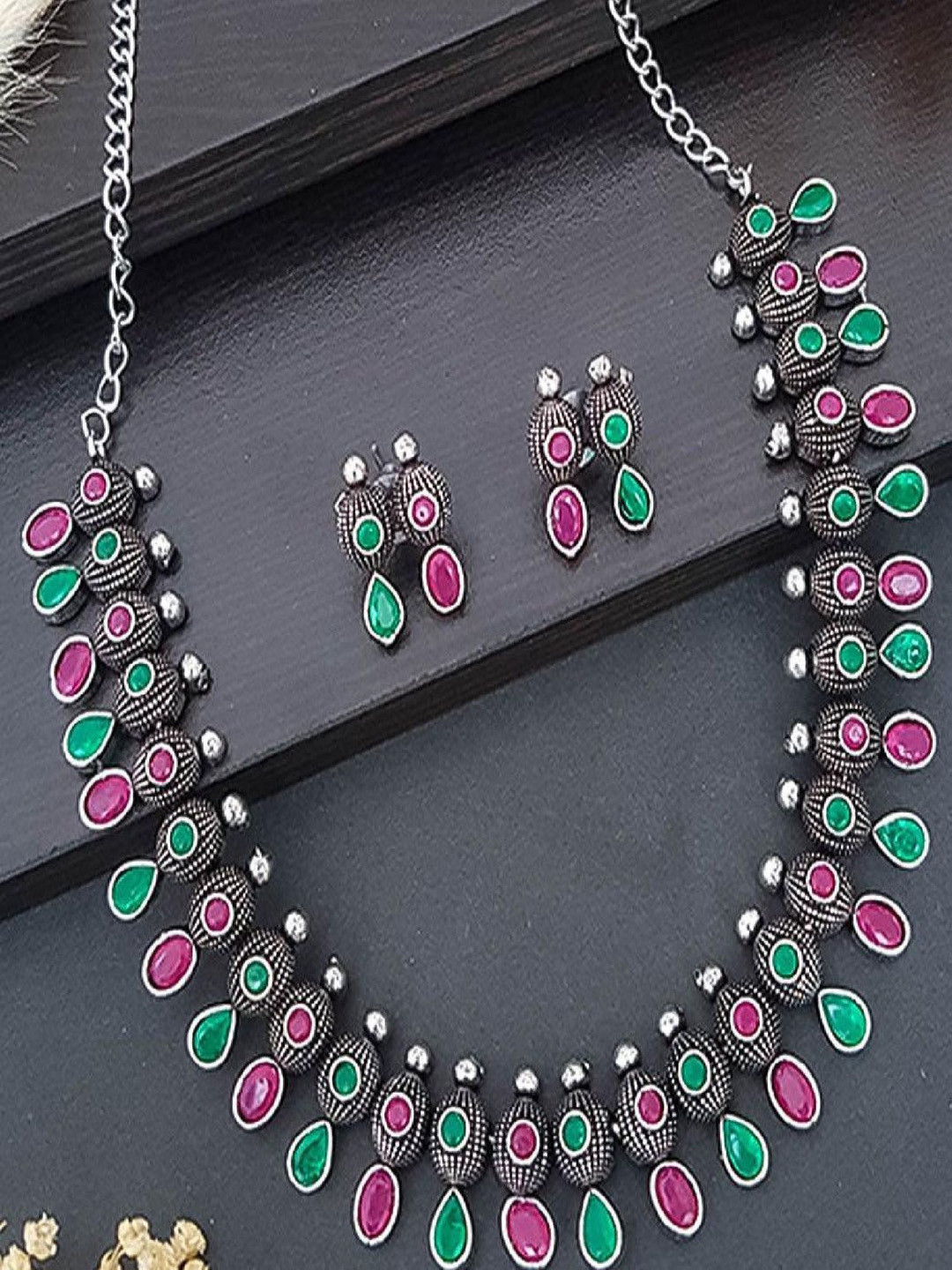 GRIIHAM Silver-Plated Stone-Studded German Silver Oxidised Jewellery Set