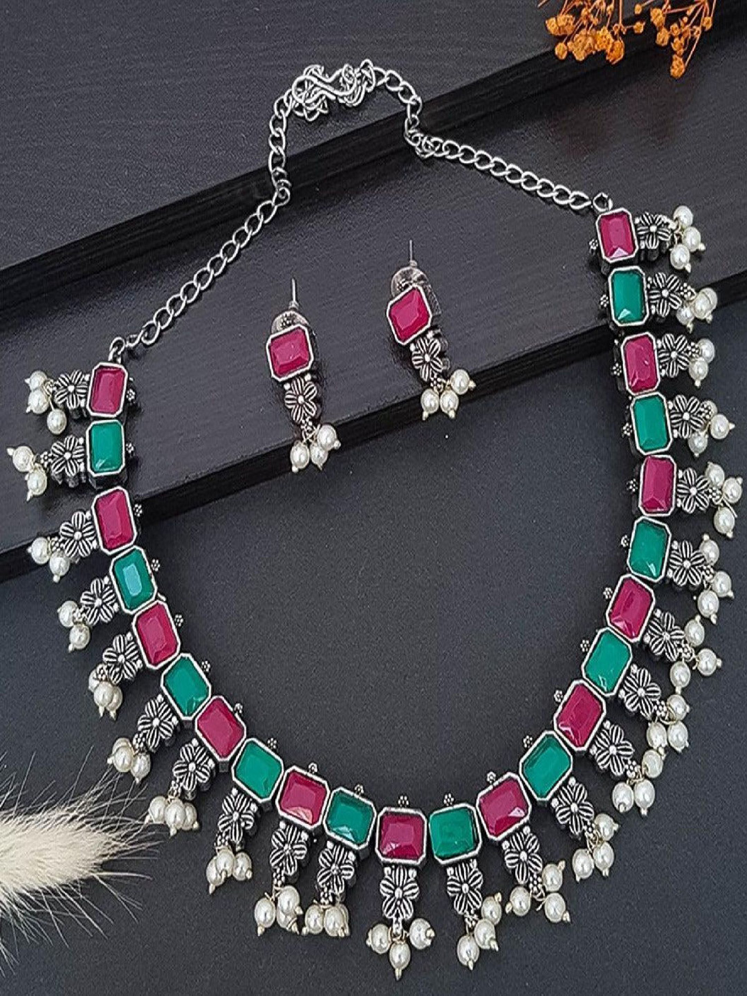 GRIIHAM Silver-Plated German Silver Stone-Studded & Beads Oxidised Navaratna Jewellery Set