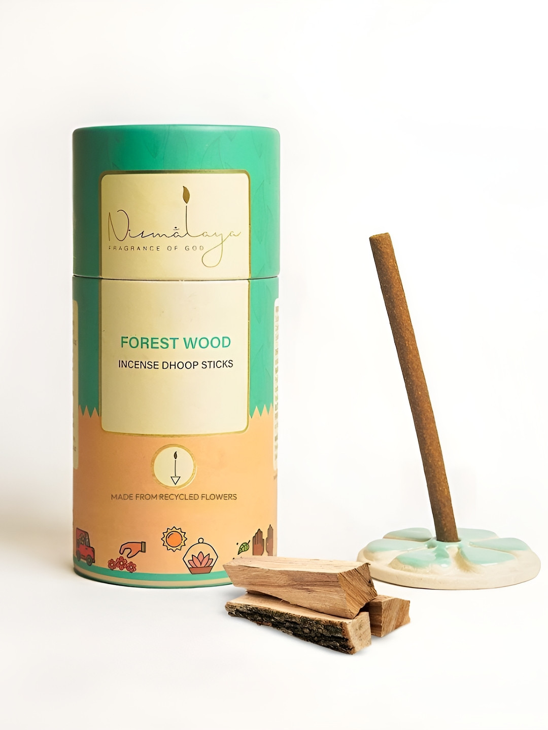 Nirmalaya 40 Pieces Brown & Green Organic Forest Wood Dhoop Sticks With Holder For Pooja