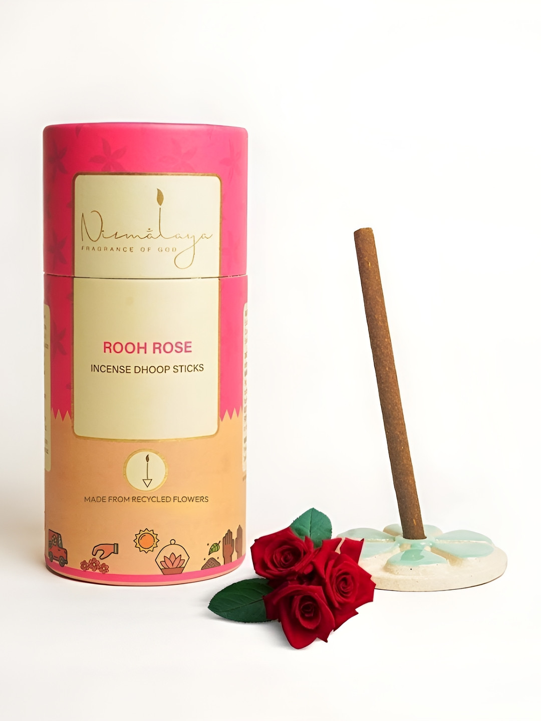 Nirmalaya 40 Pieces Brown & Beige Organic Rooh Rose Dhoop Sticks With Holder For Pooja