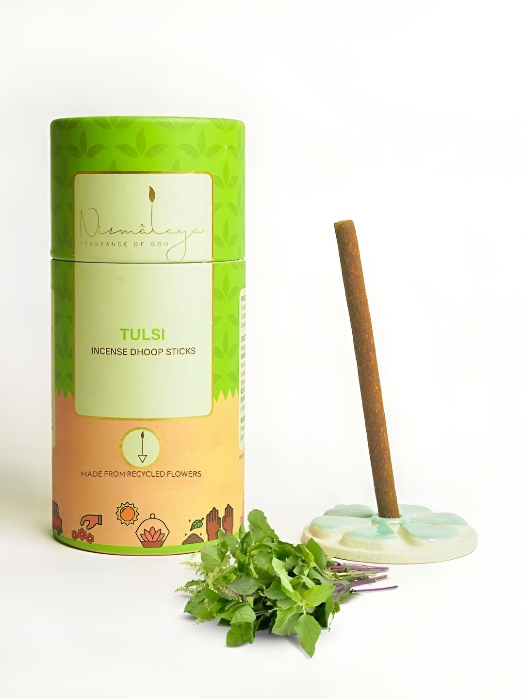 Nirmalaya 20 Pieces Brown & Green 100% Natural Tulsi Dhoop Sticks With Holder