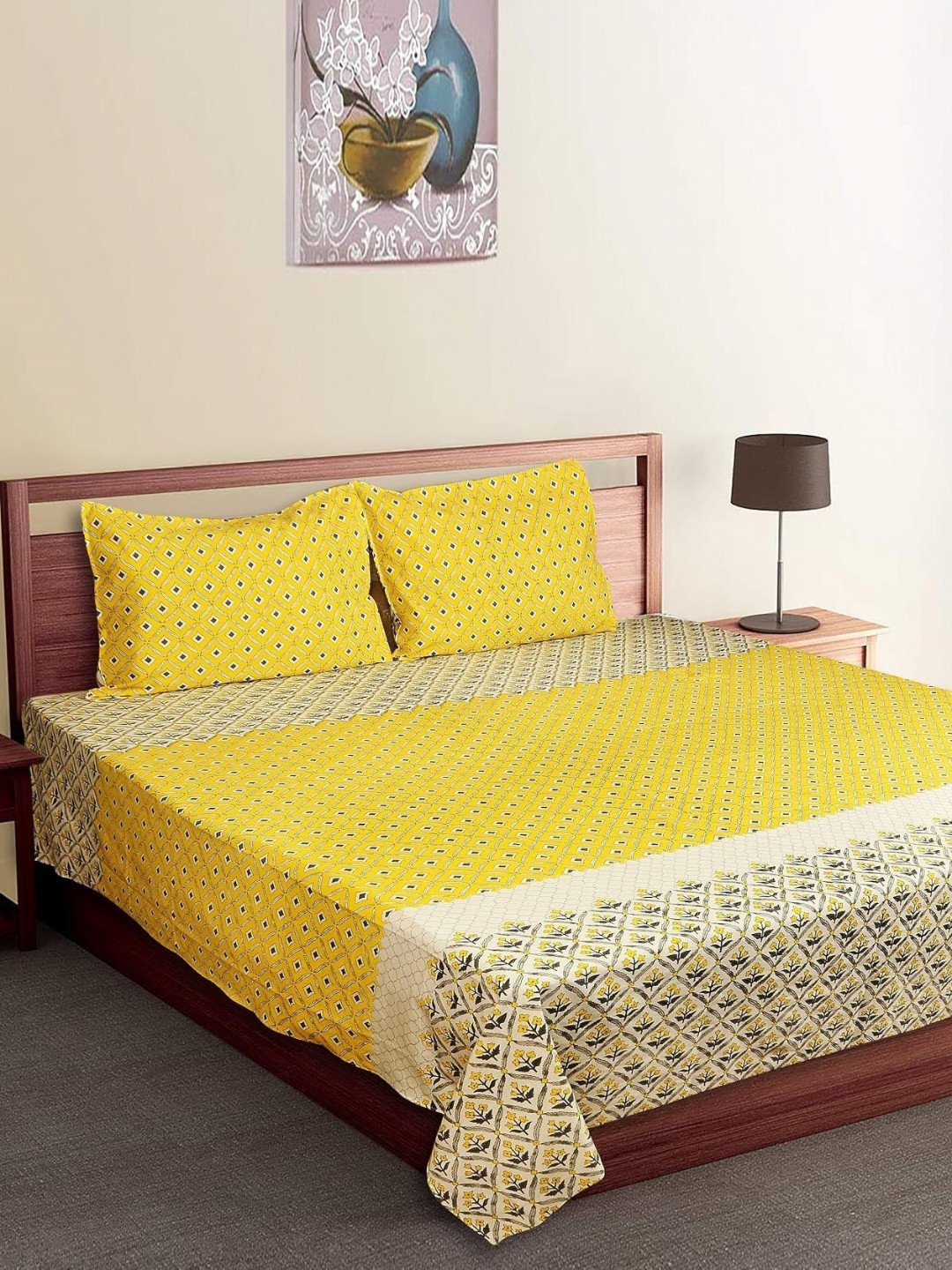 Serene Decor Yellow & Brown Floral Printed Cotton 180 TC King Bedsheet Set- 2.7 m x 2.7 m