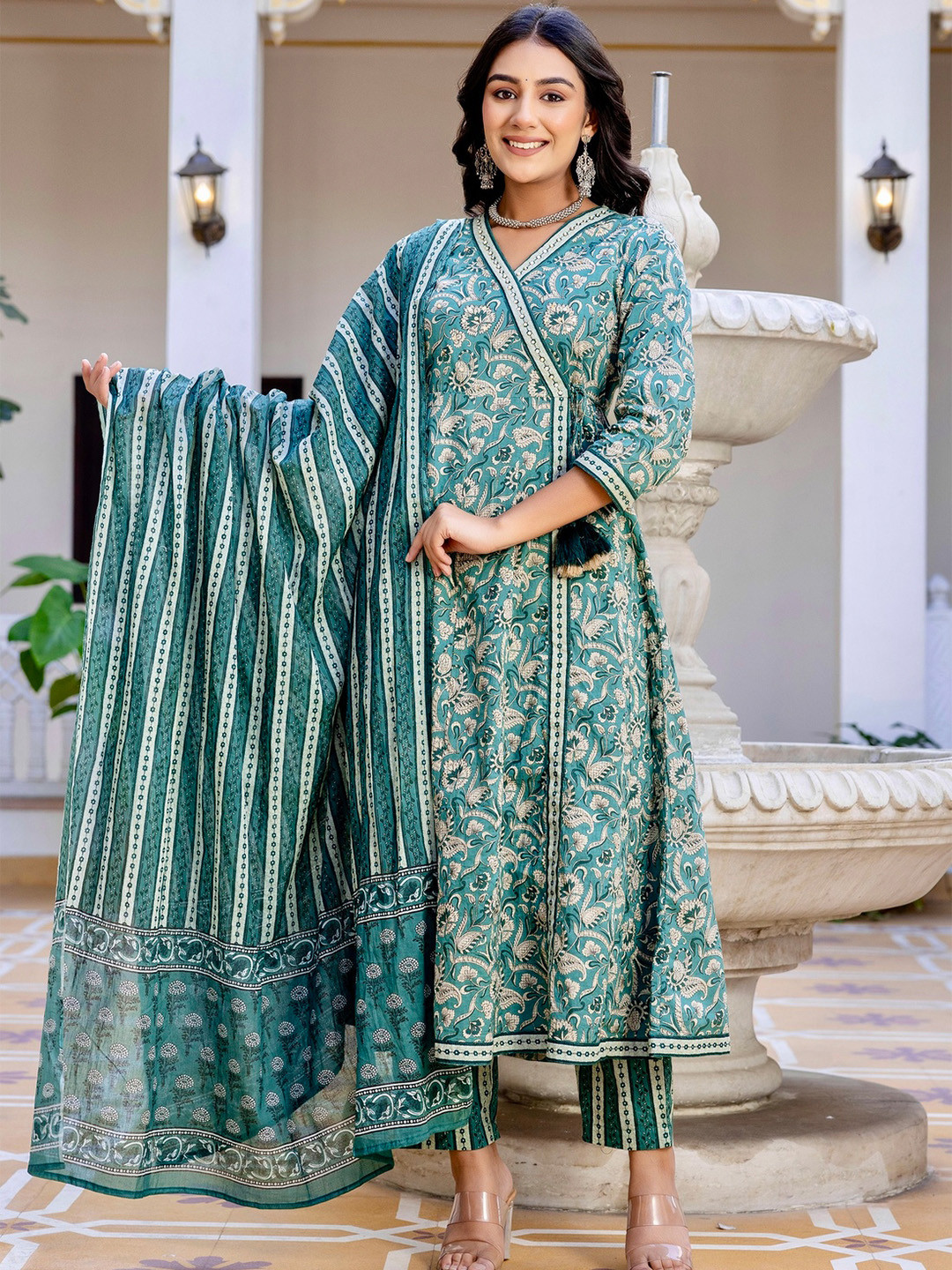 Kohsh Floral Printed Beads And Stones Pure Cotton Anarkali Kurta With Trouser And Dupatta