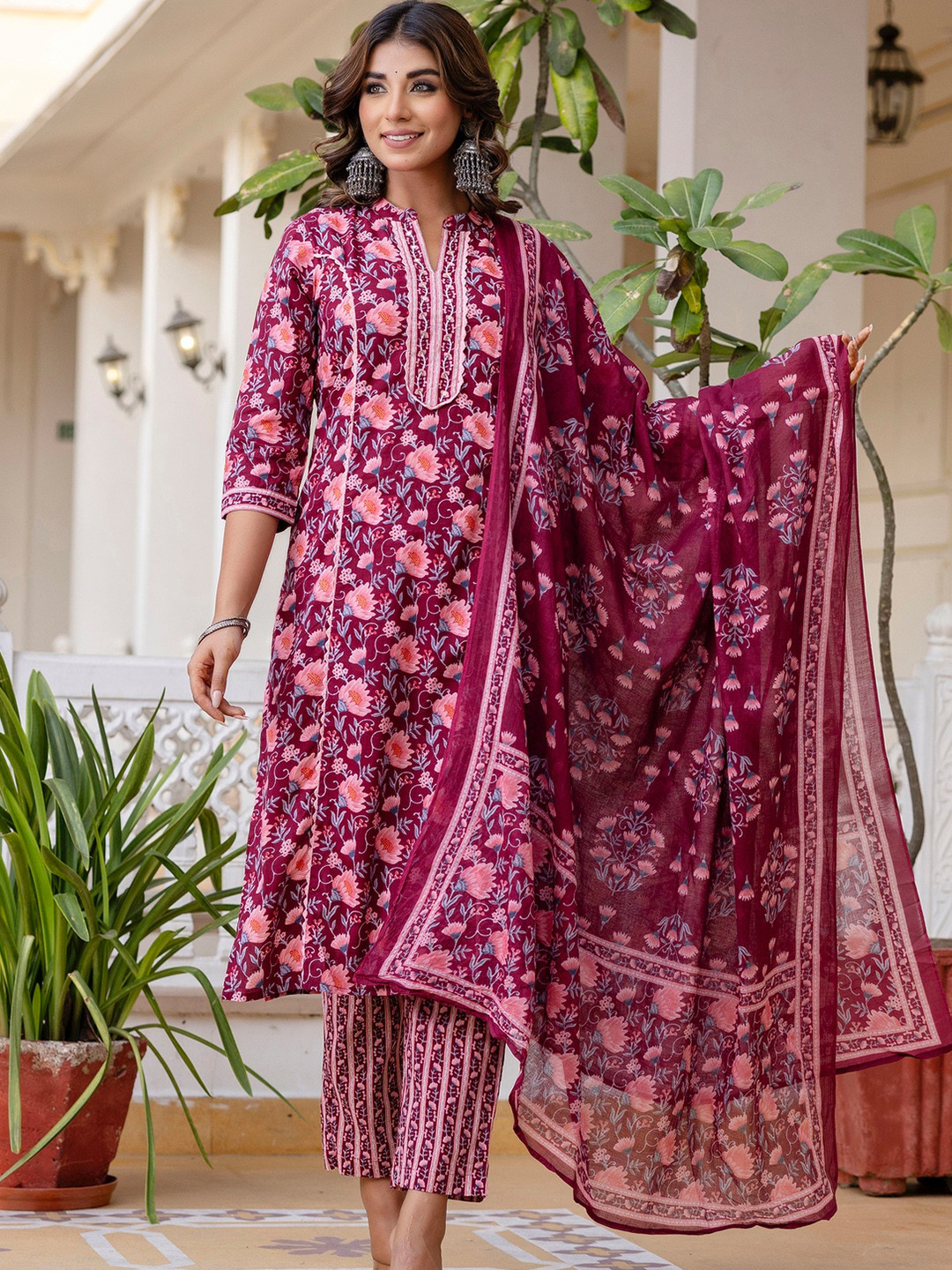 Kohsh Floral Printed Beads And Stones Pure Cotton Straight Kurta with Trouser And Dupatta