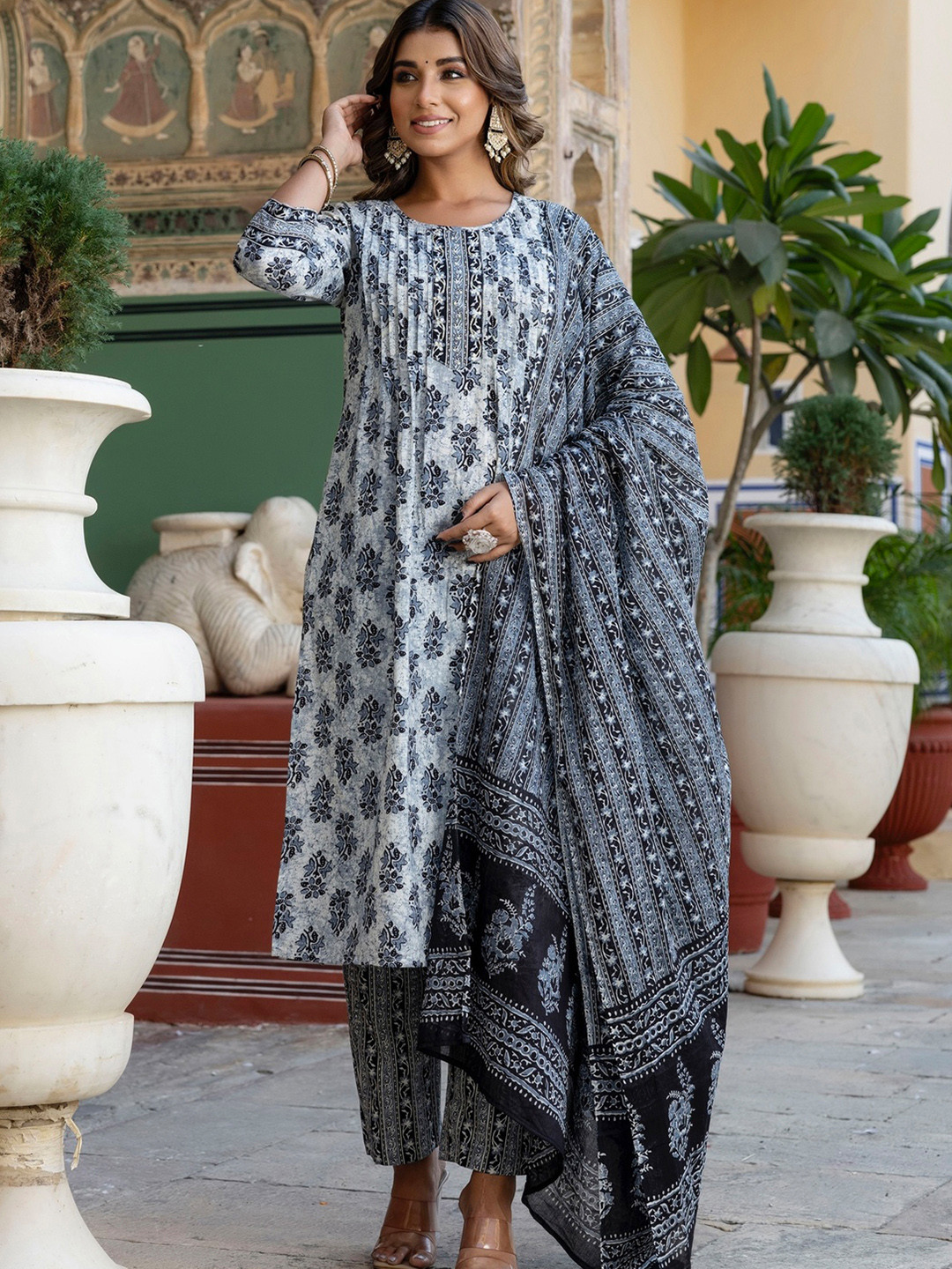 Kohsh Floral Printed Beads And Stones Pure Cotton Kurta With Trouser And Dupatta