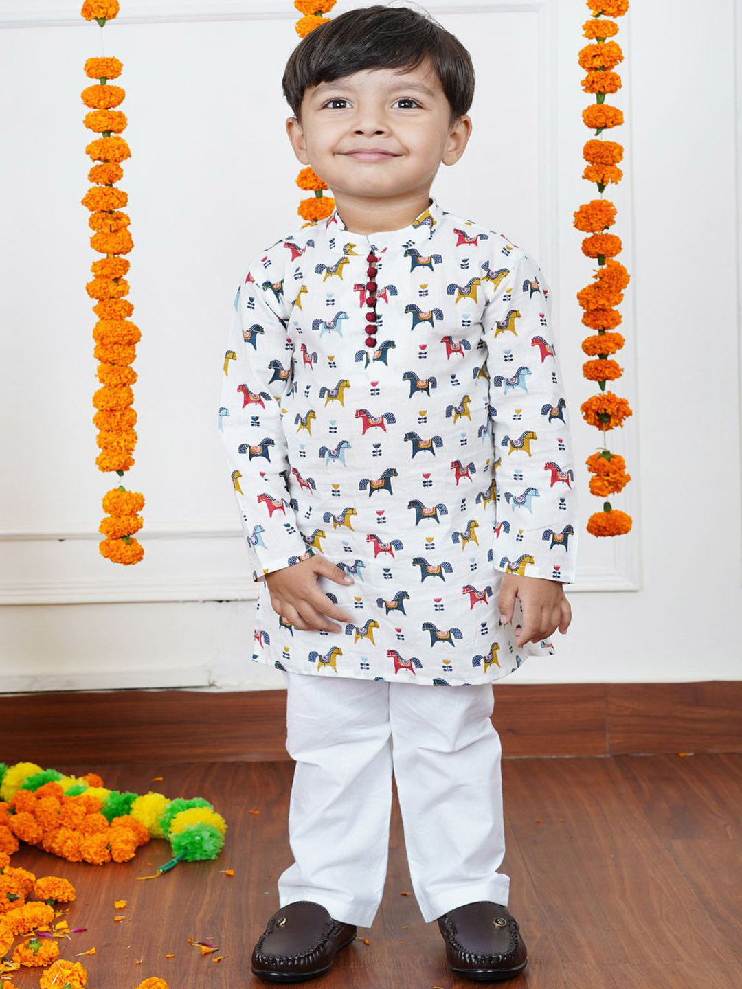 Polka Tots Boys Animal Printed Mandarin Collar Pure Cotton Straight Kurta With Pyjamas