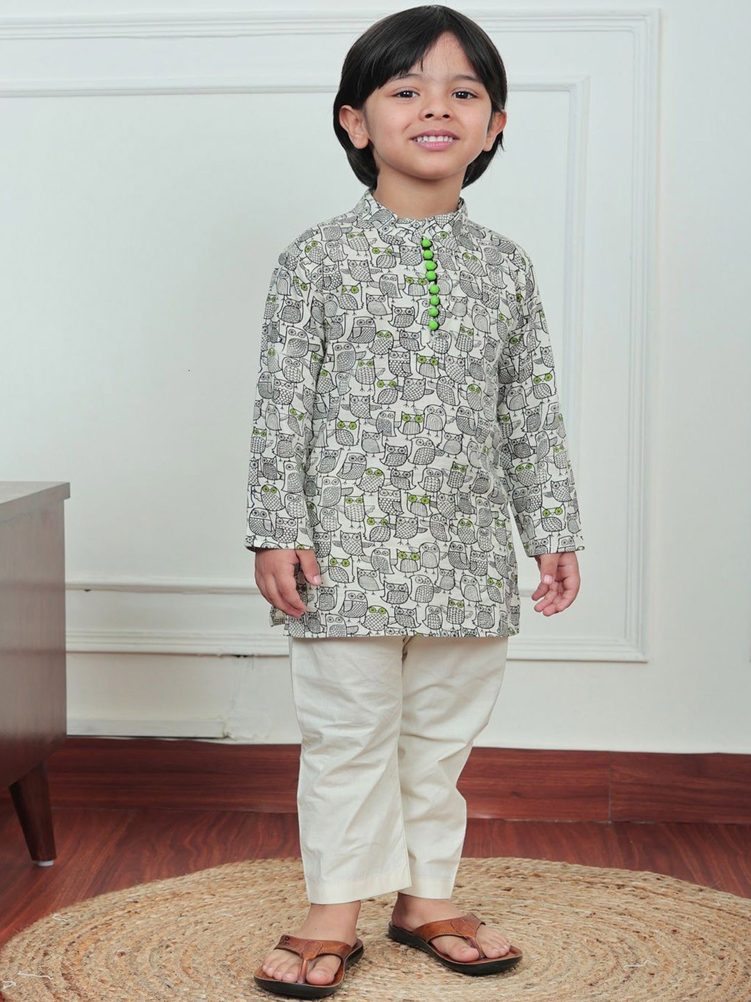 Polka Tots Boys Animal Printed Mandarin Collar Pure Cotton Straight Kurta With Pyjamas