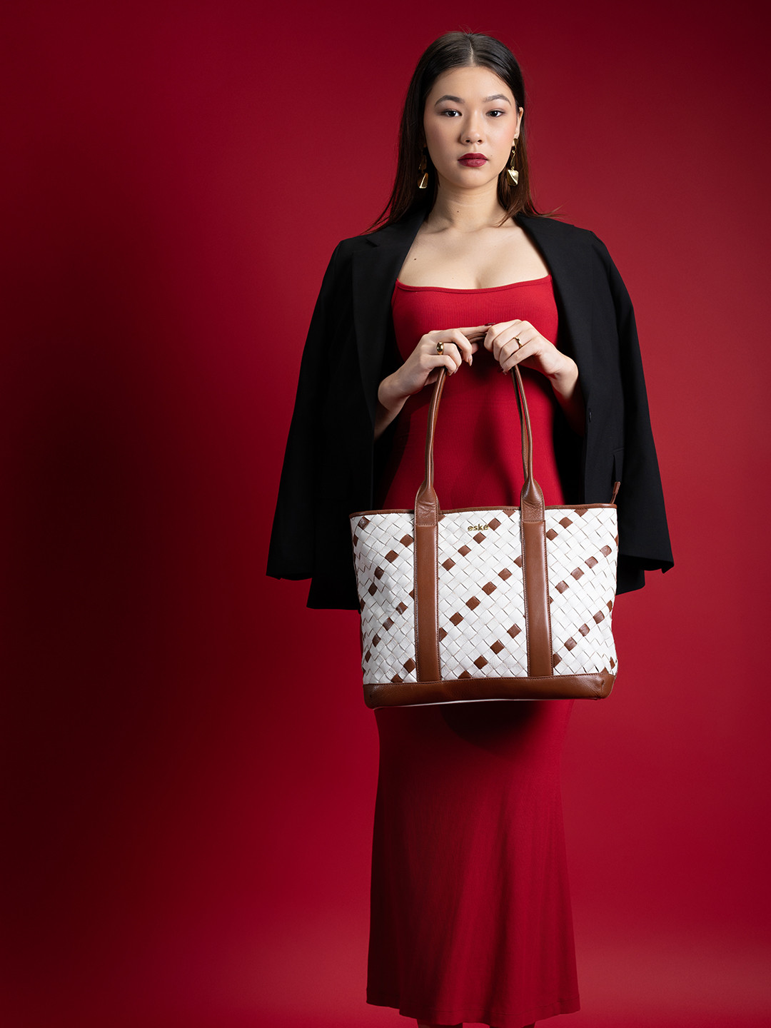 eske Women Brown Checkered Trolley Strap Woven Design Leather Travel Office Tote Bag