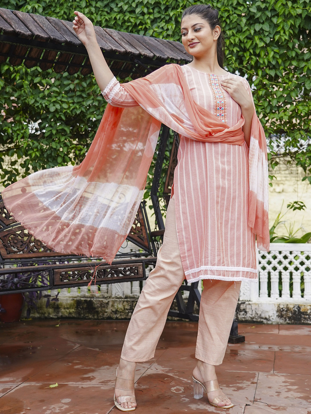 Anushansa Floral Printed Thread Work Round Neck Kurta With Trousers And Dupatta