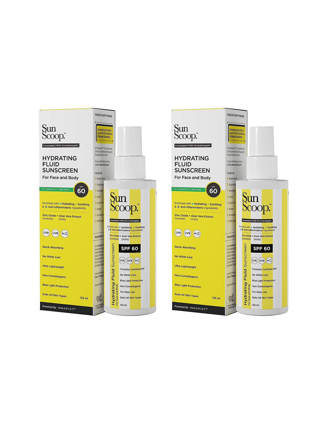 SunScoop Set of 2 Hydrating Fluid Sunscreen SPF60 with UV Filter Zinc Oxide - 125 ml each