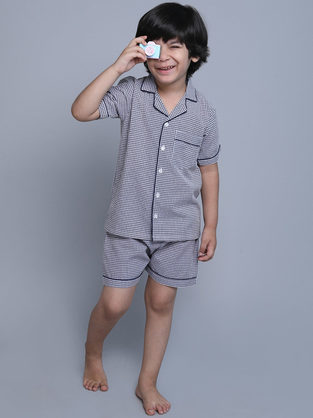Little Clothings Boys Checks Organic Cotton Lapel Collar Neck Shirt With Shorts