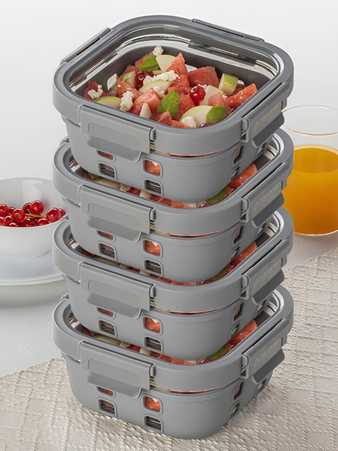 BOROSIL Klip N Store Transparent 4 Pieces Square Glass Container With Airtight Lid