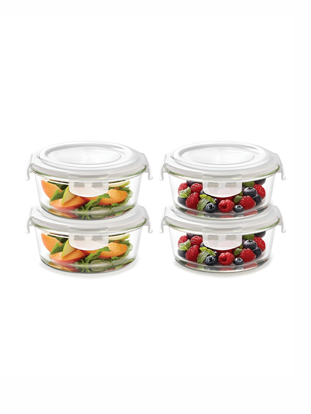 BOROSIL Klip N Store Transparent 4 Pieces Round Glass Container With Airtight Lid