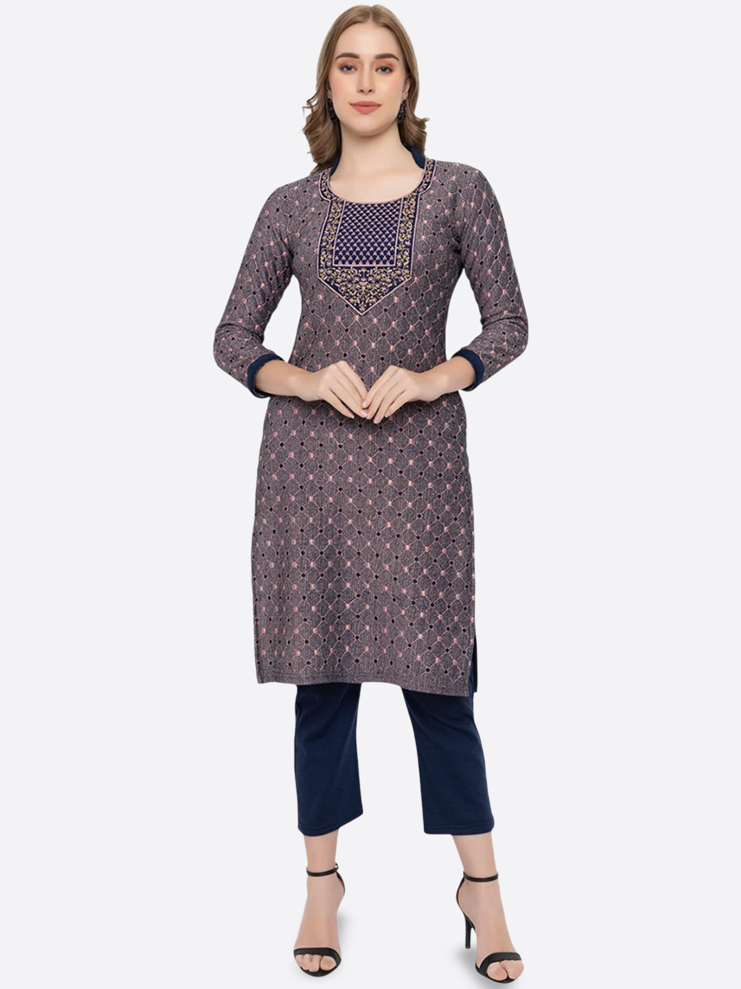 ROSARY Geometric Embroidered Thread Work Straight Kurta With Trousers