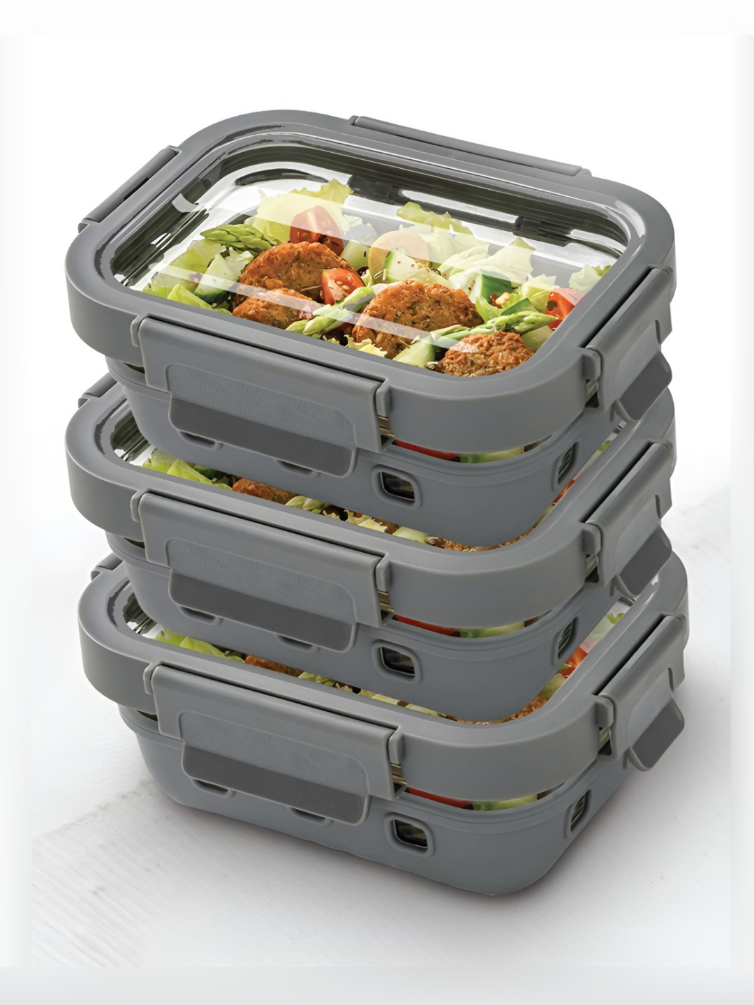 BOROSIL Klip N Store Transparent 3 Pieces Rectangle Glass Container With Airtight Lid