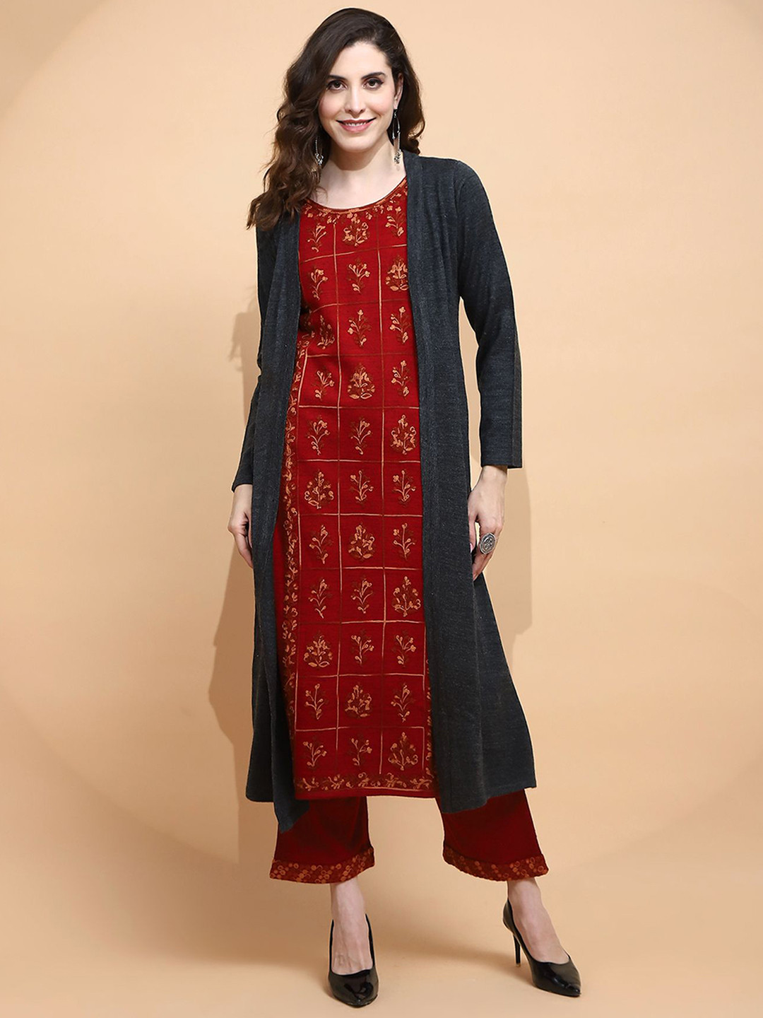 Me&I Round Neck Floral Embroidered Woollen Straight Kurta With Shrug