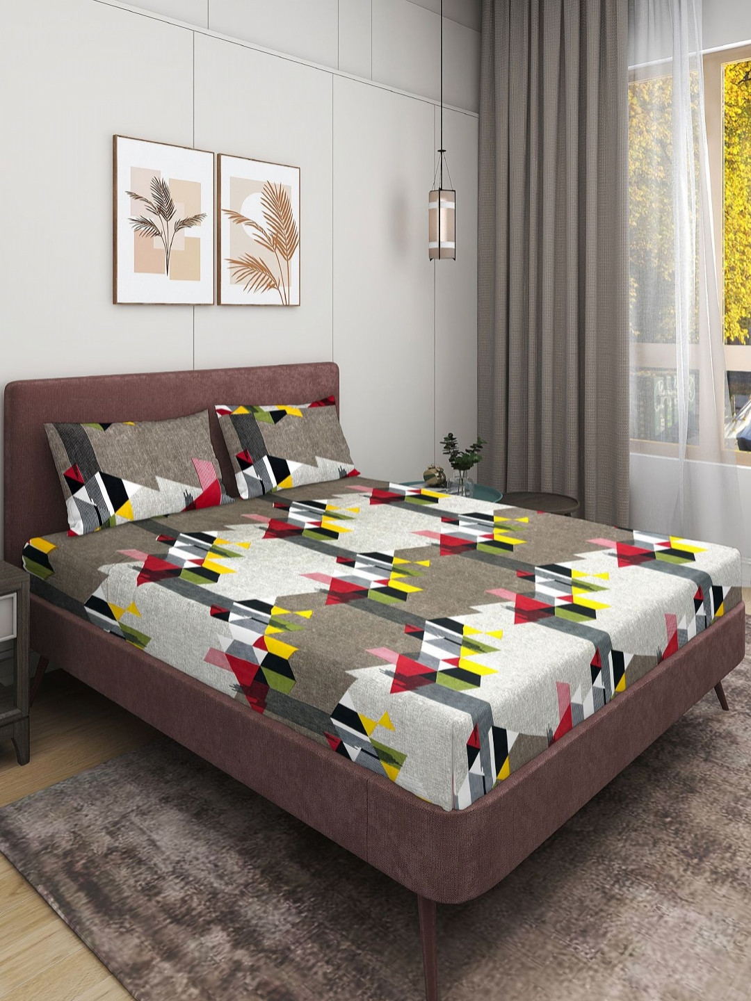 Aura Grey Geometric Microfiber 160 TC Queen Bedsheet with 2 Pillow Covers-88 x 95 inches