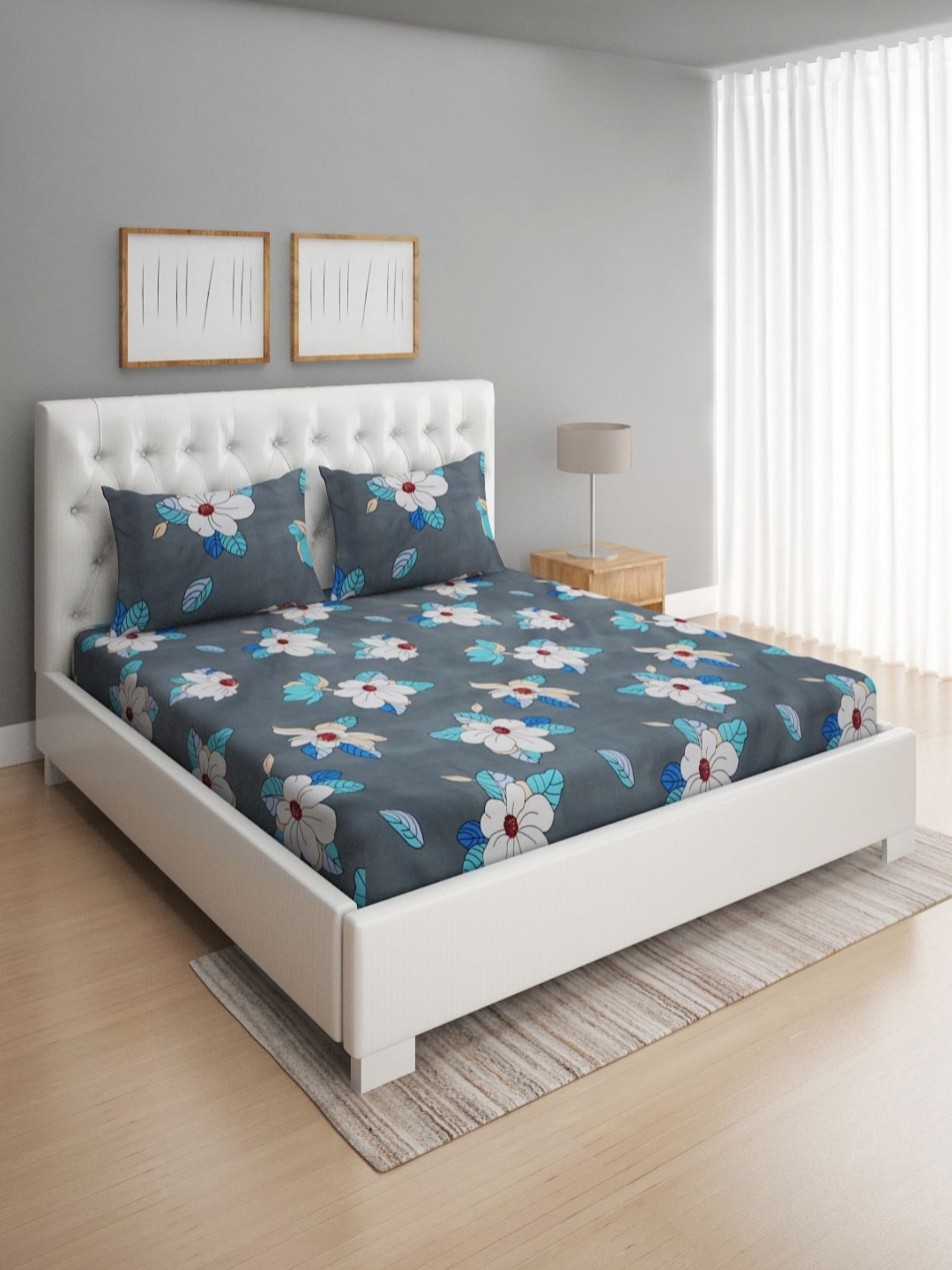 Aura Grey Floral 160 TC Queen Bedsheet with 2 Pillow Covers- 2.25 m x 2.59 m