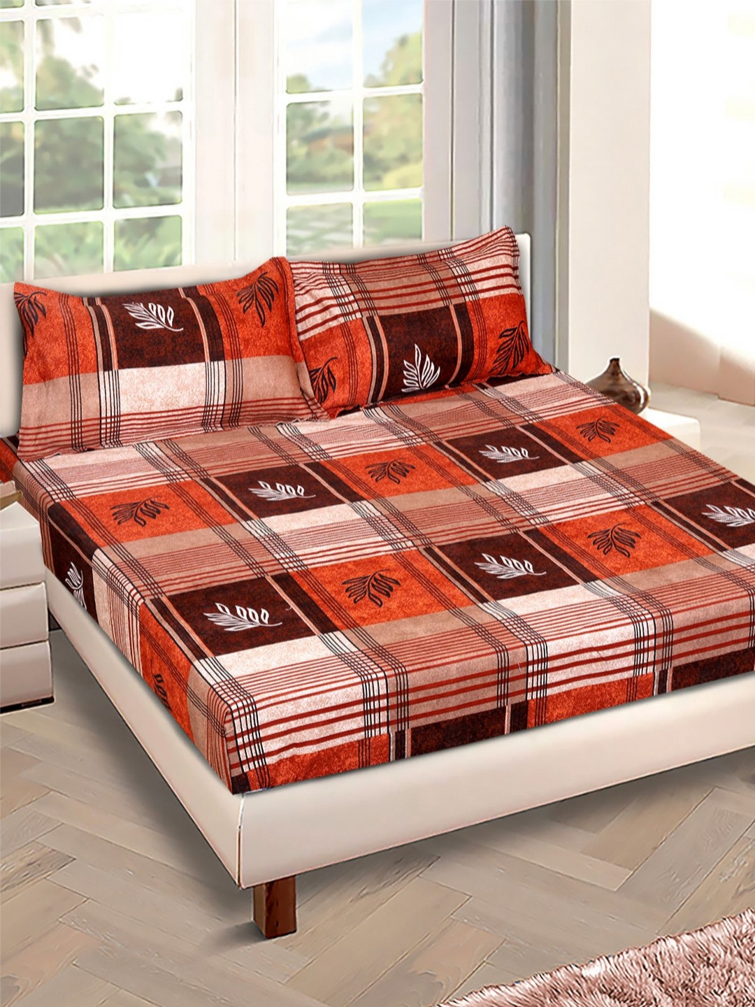 Aura Brown & Rust Checkered 160 TC Queen Bedsheet with 2 Pillow Covers- 2.29 m x 2.54 m