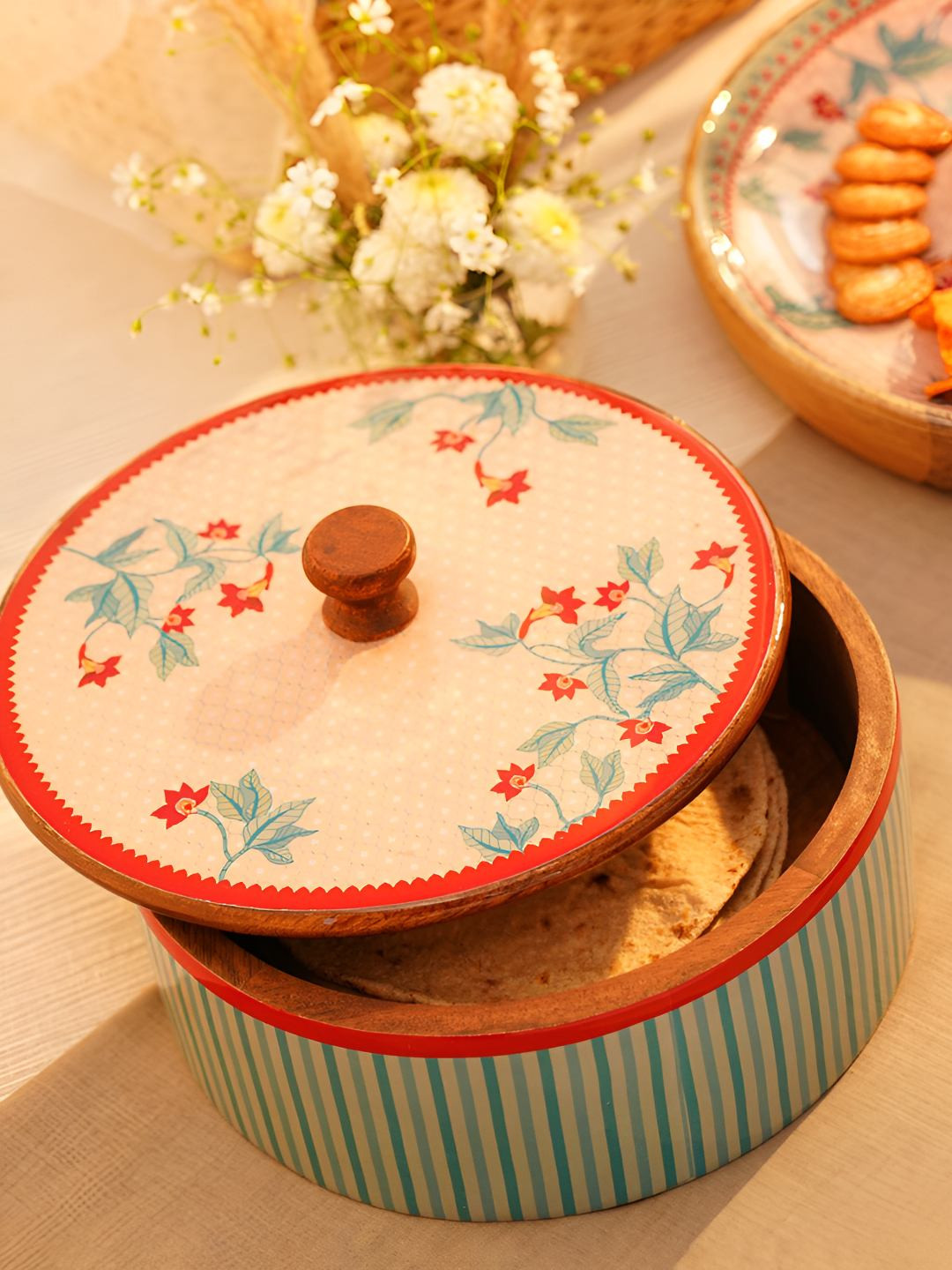 JAYPORE Blue & Red Printed Wooden Roti Box