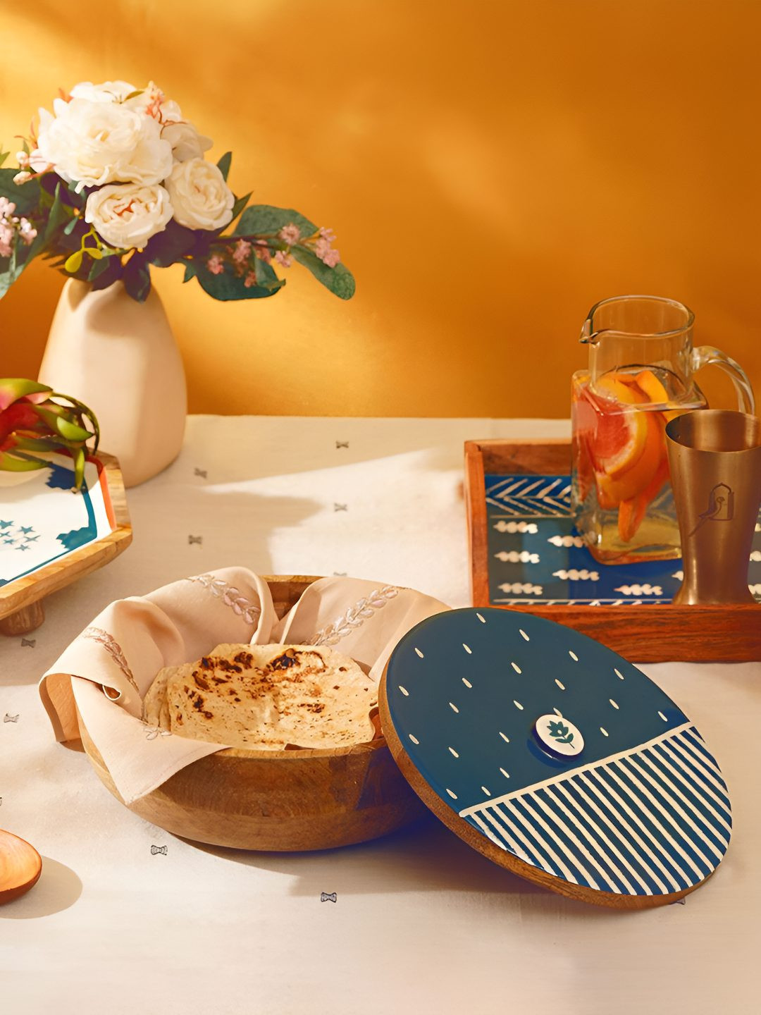 JAYPORE Blue & Brown Printed Wooden Easy to Clean Roti Box